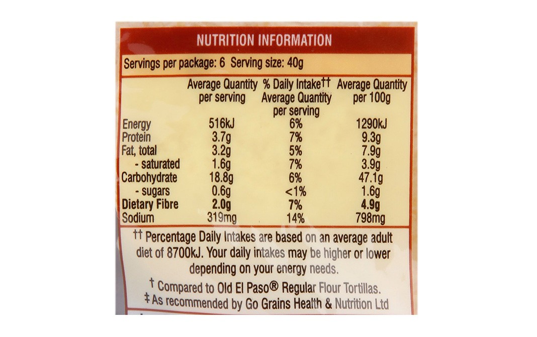 Old El Paso Tortillas 6 Whole Grain   Pack  240 grams